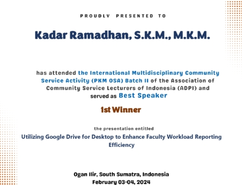 Dosen Poltekkes Kemenkes Palu, Bapak Kadar Ramadhan, S.KM, M.KM Mendapatkan Prestasi Sebagai Best Speaker Dari Utilizing Google Drive for Desktop to Enhance Faculty Workload Reporting Efficiency